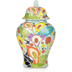 Sungmor Decorative Ceramic Ginger Jar with Lid, Floral Pattern, Porcelain Temple Storage Jar, 14 Inch Hand Painted Ceramic Flower Vase for Centerpiece, Blue Glazed Vase for