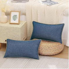 decorUhome Decorative Navy Blue Cushion Covers 12 x 20 Inch Linen Trimmed Edge Cushion Cover for Sofa Couch 30 x 50 cm Set of 2