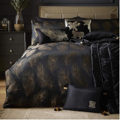 NOASR Laurence Llewelyn-Bowen Luxury Duvet Cover Set, Super King (220 x 260 cm), Peacock Bird and Floral Leaf Pattern Soft Silky 96% Polyester 4% Metallic Black and Gold