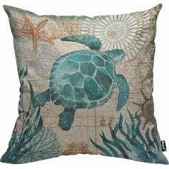 Mugod Blue Sea Turtle Cushion Cover Throw Cushion Covers Vintage World Map Cushion Cover for Men Women Decorative Home Sofa Chair Couch 45 x 45 cm