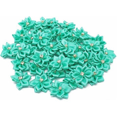 25mm Turquoise Satin Ribbon Flowers with Diamante Centre - Pack of 25