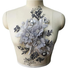 Flower Lace Applique Grey 3D Flower Rhinestone Lace Fabric Embroidered Wedding Dress Appliques Trimming Collar Mesh Sewing Patches for Dress DIY Decoration