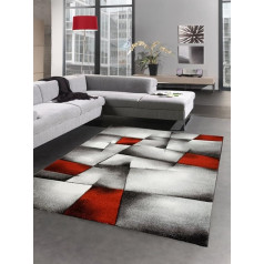 CARPETIA Modern Short Pile Living Room Rug Contour Cut Checked Abstract Grey Black White Red Size 80 x 300 cm