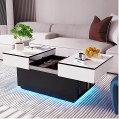 Coffee Table, Living Room Table, LED Sofa Table for Living Room with 16 Colours Lights, Modern Extendable Desk, High Gloss Modern Side Table, Coffee Table with 2 Storage Compartments, 115 x 65 x 53 cm