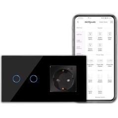 CNBINGO WLAN Socket and Smart Light Switch - Touch Switch Double and Schuko Socket Flush-Mounted Work with Alexa, Google Assistant - Glass Frame and Status LED - Neutral Conductor Required