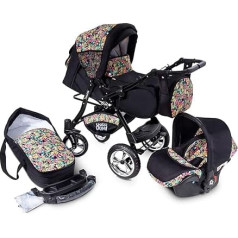 Buggie Urbano DenimParadise | 3-in-1 System | Pram, Combination Pram, Baby Seat, Car Seat System | Two-Way Handle | Travel System | Modern, Lightweight Trolley with All Accessories Included