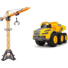 Dickie Toys Mega Crane 201139012 Electric Crane with Remote Control, from 3 Years, 120 cm High, with Grab Articulator, Winch, Cabin, Charging Platform & 203723004 Volvo Articulated Dumper, Yellow/Grey