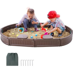 VEVOR Sandpit with Cover, 183 x 105 x 23 cm, Oval Sandpit, HDPE Sand Pit with 4 Corner Seats and Floor Liner, Children's Sandpit for Garden, Beach, Park