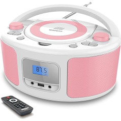 Portable CD Player Boombox with Bluetooth, Remote Control, FM Radio, USB, MP3 Playback, Compatible with CD-R/CD-RW (Pink+White)