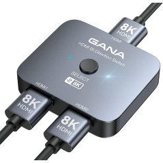 GANA 8K HDMI Splitter, HDMI 2.1 Switch Ultra HD 48Gbps Aluminium Bi-Directional HDMI Switch 2 in 1 Out or 1 in 2 Out HDMI Switcher, HDMI Splitter Supports for TV/PS5/Xbox