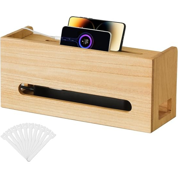 KIRIGEN Wooden Cable Box - Natural Paulownia Wood Cable Organiser, Vegetable Oil Finish, Safe and Elegant Cable Management Solution Light Colours