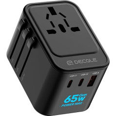 decqle Travel Adapter Worldwide, Universal Travel Plug with 2 USB-C (GaN 65W), 1 USB-A and 1 AC Socket, International Socket Adapter, Universal Adapter for EU, UK, US, AU (Black)