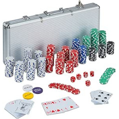 Relaxdays Poker Case, 500 Poker Chips Without Value, 2 Decks of Cards, 5 Dice, Button Set, Lockable, Aluminium, Silver