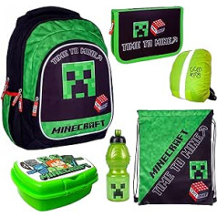 Goldkids Set of 6 School Backpack Satchel Pencil Case Gym Bag Lunch Box Water Bottle Minecraft Motif from 4th Grade, black, School bag set