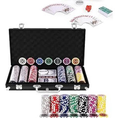 RELAX4LIFE Poker Set Poker Case with 300 Poker Chips, 2 Card Decks, Dealer & 5 Dice, Card Game for Parties & Picnic & Excursions, Includes Lockable Poker Case Made of Aluminium (Black)