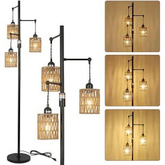 Rayofly Dimmable Floor Lamp Living Room, Vintage Floor Lamp with Rattan Lampshade, 3-Bulb Boho Rattan Floor Lamp with Dimmer, Industrial Floor Lamp for Bedroom, Children's Room, Office, Height 165 cm