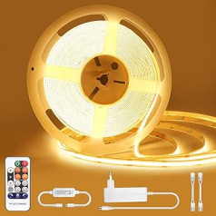 Öuesen COB LED Strip, 10 m, Warm White, LED Strip with Remote Control, 24 V, 3000 K, Self-Adhesive LED Strips, Waterproof with Power Supply, LED Strip Dimmable CRI 90+ for Home Decoration