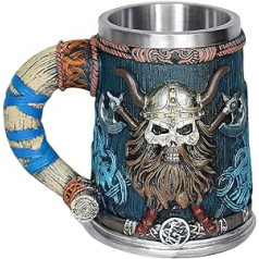 OTARTUDE Valhalla Viking Mug Stainless Steel Single Handle Horn Skull Norse Viking Warrior Skull Mug 550ml for Halloween