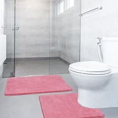 SOANNY Bath Mat Set of 2, Luxury Thick Soft Bathroom Rug, 50 x 80 cm Bath Mat & 50 x 50 cm Toilet Mat, Washable Bath Mats, Absorbent Bath Mat, Non-Slip Bathtub Shower Mat, Pink