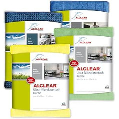 Alclear 961000 Kitchen Set 4 Pieces Includes the Bestselling Ultra Microfibre Kitchen Cloths 32 x 36 cm Miracle Dry 60 x 40 cm, Rinsing Sponge Cloth Antibacterial 17 x 23 cm Yellow and Green