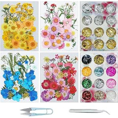Cayway Natural Pressed Dried Flowers, Natural Dried Leaves, Gold Leaf Flakes, Dried Flowers Decoration, Mixed with Tweezers, Scissors for Resin Candles, Nail DIY Decor
