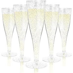 LATERN Pack of 54 Plastic Champagne Flutes, 150 ml Champagne Glasses with Silver Glitter, Reusable Party Wine Cups with Handle for Garden, Wedding, Anniversary, Shower Parties (5 x 17 cm)