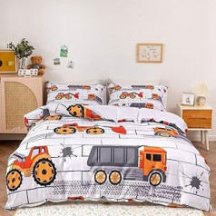 Chanyuan Bed Linen 135 x 200 cm Children's Boys Digger Construction Site Truck Cranes Motif Children's Bedding Set White Grey Microfibre Duvet Cover with Pillowcase 80 x 80 cm