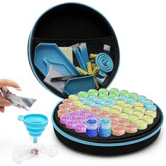 Piashow 5D Diamond Painting Accessories Boxes Round, Diamond Painting Case with 60 Cans, Portable Diamond Painting Storage Box with Funnel, Stickers, for Diamond Painting Accessories Organiser, Blue