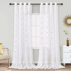 Joywell Gold Voile Curtains, Set of 2, Textured White Curtains, Diamond Transparent Privacy Glitter, Decorative Voile with Eyelets, Curtains for Living Room, Bedroom, 260 x 140 cm