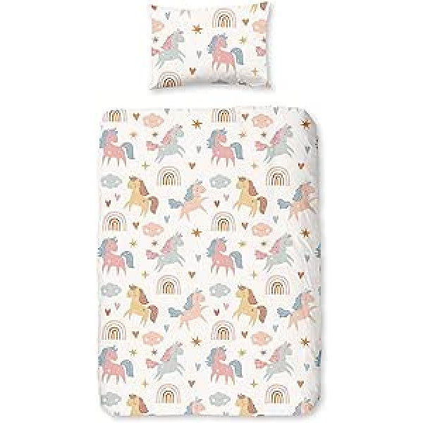 Aminata kids Children's Bed Linen 100 x 135 cm Girls Unicorn Pink Cotton with YKK Zip Children's Reversible Bedding Set Animal Motif Unicorns Horse Motif with Rainbow Unicorn