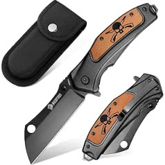 NedFoss MIEBA Folding Knife Outdoor with Skull Motif, D2 Pocket Knife with Cleaver Blade, 8.5 cm One-Handed Knife with Sheath, Outdoor Knife with Belt Clip, Survival Knife for Collection & Gifts