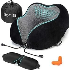 HOMIEE Travel Pillow, Memory Foam Travel Pillow for Aeroplane, Comfortable Neck Pillow for Travel, Breathable & Washable Neck Pillow with Sleeping Mask, Ear Plugs, Black, 15 x 15 x 15 cm