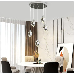 Modern Crystal Pendant Light, 3-Colour LED Crystal Pendant Light, Height-Adjustable Silver Ceiling Pendant Lamp, for Kitchen Island, Bedroom, Living Room, Dining Room (5-Head Round Base)