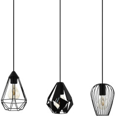 EGLO Distaff Pendant Light, 3-Bulb Pendant Light, Metal Pendant Light in Black, Dining Table Lamp, Living Room Lamp Hanging with E27 Socket, L 90 cm