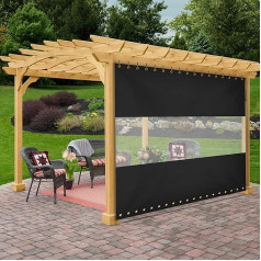 Outdoor Vinyl Curtain with Clear Tarpaulin 510ml Weatherproof with Rustproof Eyelets for Pergola, Porch, Gazebos, 8' x 8' (Black)