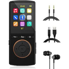 MUSRUN MP3 Player with Strong Bluetooth, 32GB Sports MP3 Player with AUX Input, Recording, FM Radio, HiFi Music, Shuffle, Time Sleeper, Matte Black Headphones, USB Cable, AUX Cable Included