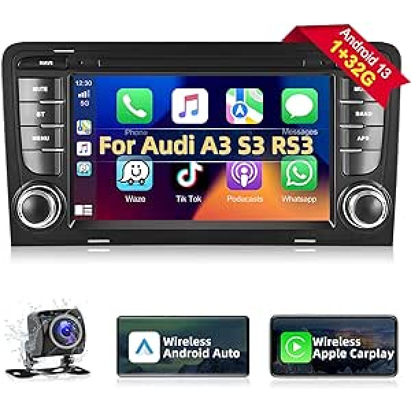 Podofo Car Radio for Audi A3 S3 RS3 2003-2012 with Wireless Apple Carplay, 7 Inch Android 13 Car Radio with Screen, Bluetooth, HiFi, Android Car, WiFi, GPS, RDS + Reversing Camera & Microphone