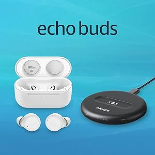 Die Echo Buds (2. Gen.) | Kabellose Ohrhörer mit aktiver Geräuschreduzierung und Alexa | Kabelloses Ladeetui in Weiß + kabelloses PowerWave-5-W-Ladepad für Echo Buds