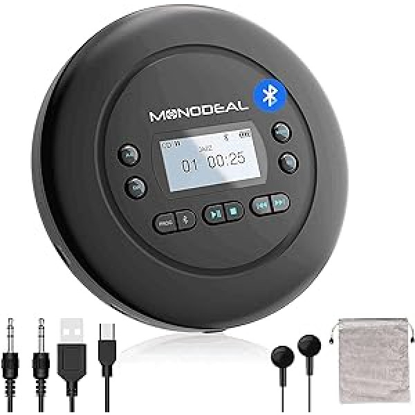 MONODEAL Portable CD Player Bluetooth, Rechargeable Discman for Car and Children, Anti-Skip, Small with Headphones