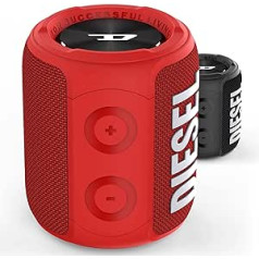 Diesel Wireless Speaker, IPX7 Bluetooth 5.0 Waterproof Portable Speaker with Bass Boost, 14H Playtime, Stereo Pairing, Microphone, Removable Hand Strap, Ideal for Outdoor, Red