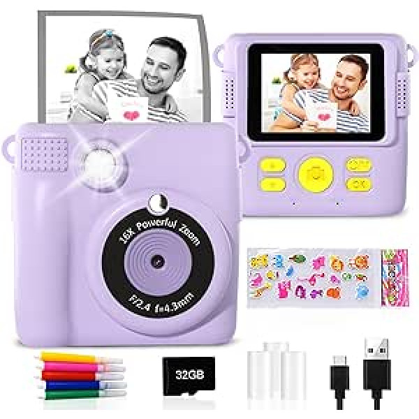 GKTZ Instant Cameras Children - 1080P HD Instant Printing of Photos - Birthday Gift for Girls Aged 4 5 6 7 8 9 10 Years - Portable Toy with 3 Rolls Photo Paper, 32GB Card - Purple