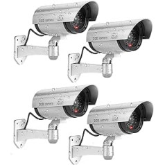 FITNATE Pack of 4 Dummy Cameras, Fake Camera Outdoor, Battery Operated, Rainproof, CCTV Surveillance System with Red LED Flashing Light, 4 Safety Warning Stickers and 12 Screws - Silver