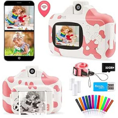 Instant Camera for Kids WiFi Zero Ink 32GB 1080p Video Digital 12MP Selfie Camera for Girls Digital Camera with Dual Camera Lens for Kids Olor Pens Print Papers Lanyard (Pink)