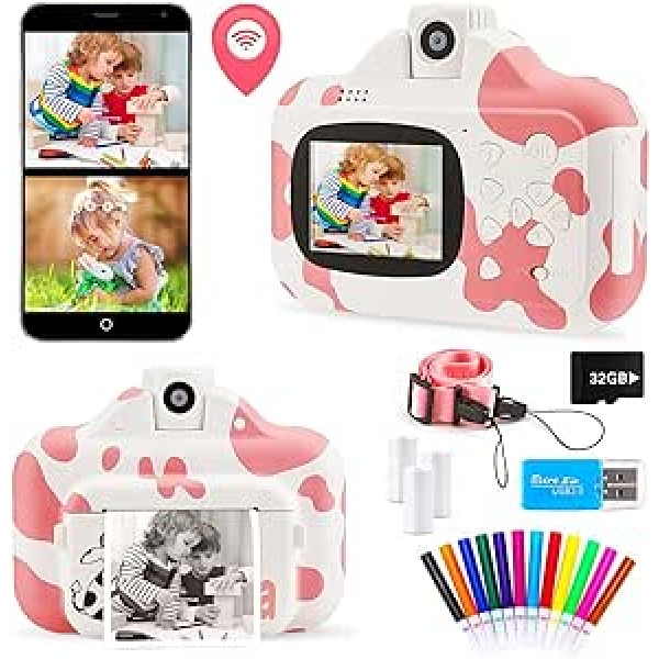 Instant Camera for Kids WiFi Zero Ink 32GB 1080p Video Digital 12MP Selfie Camera for Girls Digital Camera with Dual Camera Lens for Kids Olor Pens Print Papers Lanyard (Pink)