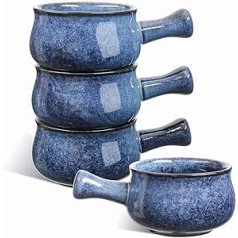 Vicrays Set of 4 Porcelain Soup Bowls with Handle, Ceramic Bowls, Oven Safe Bakeware for Serving Chili, 740 ml for Soup, Dishwasher Safe, Microwave Safe (Blue)