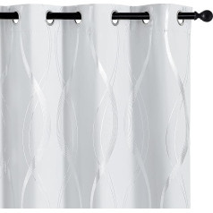 PONY DANCE White Curtain with Line Foil Print Curtains Living Room Modern Set of 2 H 245 x W 140 cm Blackout Curtains Eyelets Thermal Curtain Heat-Insulating Grey/White