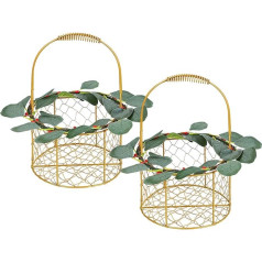 JYCRA 2 Pieces Metal Wedding Basket with Eucalyptus Leaves Wreath Iron Storage Baskets Flower Girl Basket for Home Wedding Party Decoration