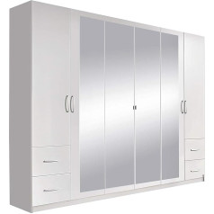 Rauch Möbel Neustadt-Extra Cupboard, Hinged Door Cupboard in White with Mirror and 4 Drawers, 6 Doors, Includes Basic Accessory Pack of 3 Clothes Rails and 3 Shelves, 271 x 210 x 54 cm (W x H x D)