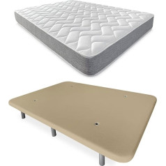 Duérmete Online DUÉRMETE ONLINE BEIGE FULL BED WITH REVERSIBLE Viscotec Mattress + Reinforced Padded Base 6 Legs Wooden 150 x 190 cm