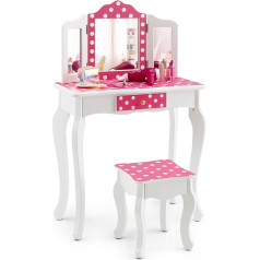 Dreamade 2-in-1 Children's Dressing Table with Stool and Removable Mirror, Princess Dressing Table with Drawer, Wooden Cosmetic Table, Children's Make-Up Table for Girls (Polka Dot)